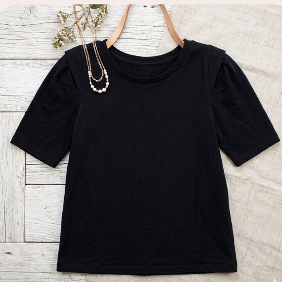 Tops - LOFT Black Puff Sleeve Top Women’s Large Cotton Minimalist Chic